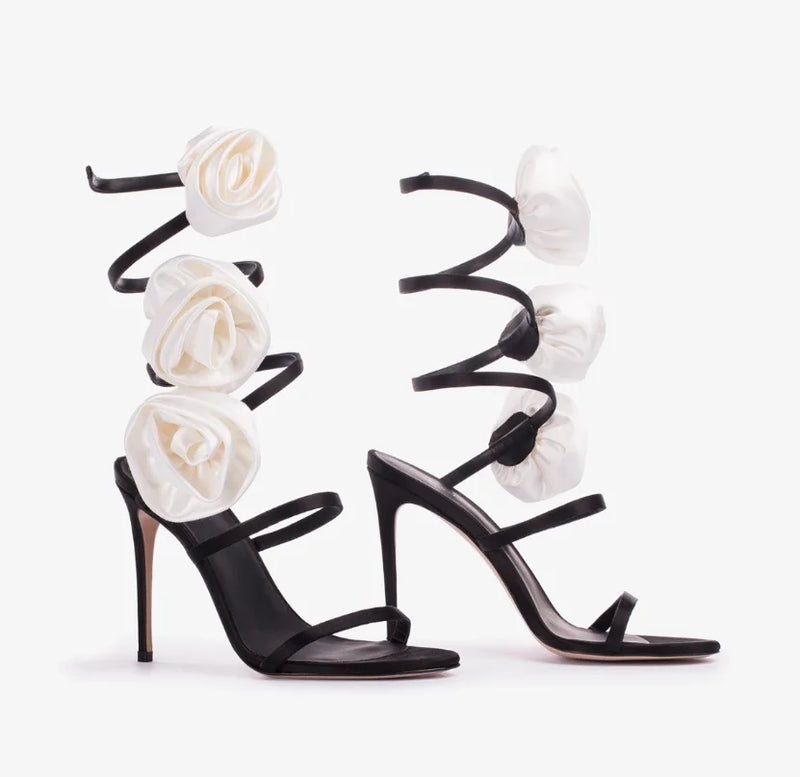 Open Toe White Rose Flower Detail Ankle Twine Sandals Hollow Single Straps Slingback Slip-On Elegance Sexy Women Summer Shoes