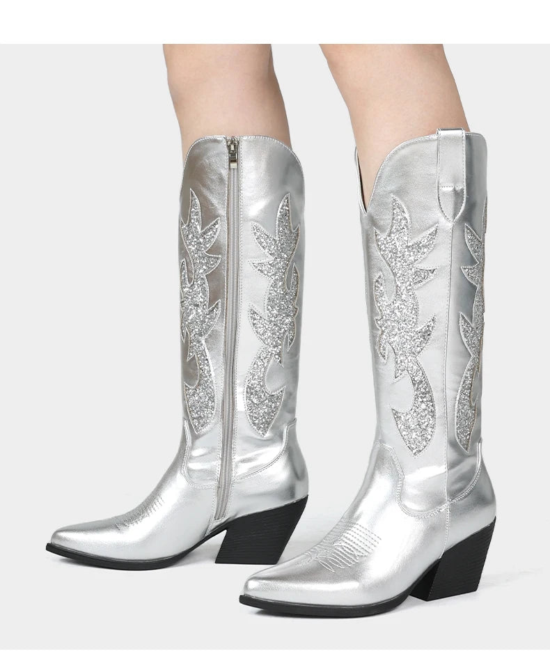 Cowgirl New Western Cowboy Boots Women Autumn Pointed Toe Thick Heel High Knee Boots