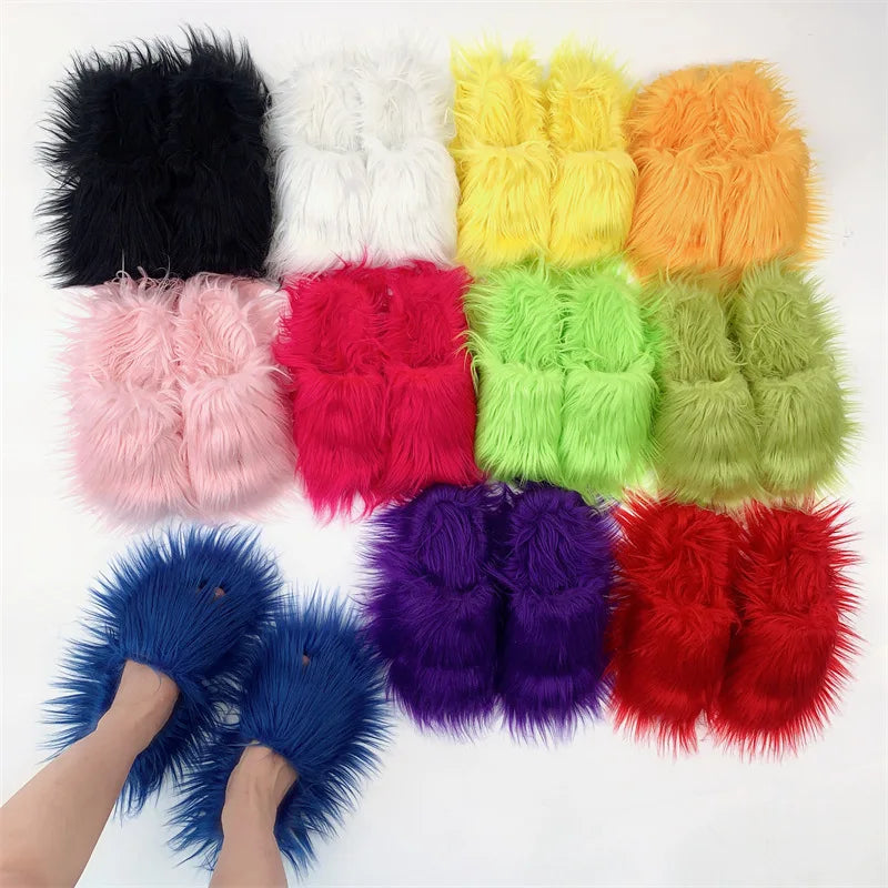 Faux Fur Slippers 2023 Women Winter Plush Warm Home Flat Slides