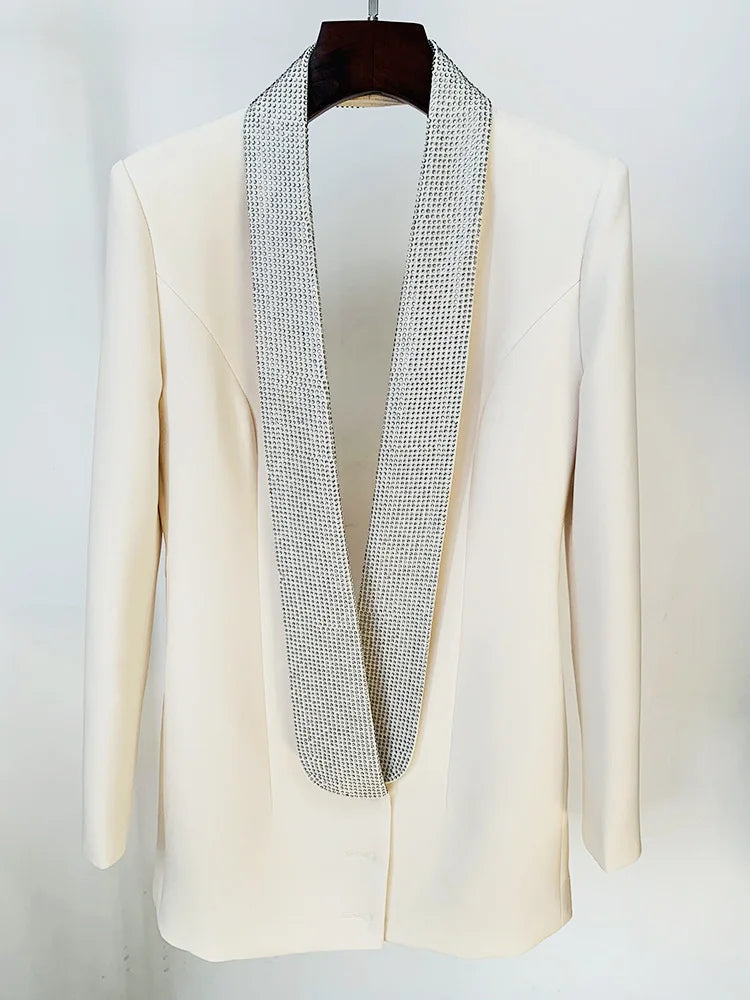 Runway Winter New Long Sleeve Crystal Diamonds Backless Blazer High Street Celebrity Designer Office Jacket