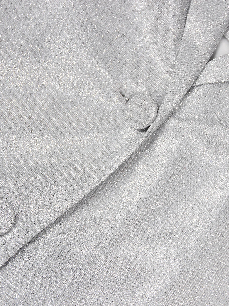 Women's High Quality Silver 3-piece Suit Pants Set Sparkling Fashion Single Row Button Long Suit V-neck Set