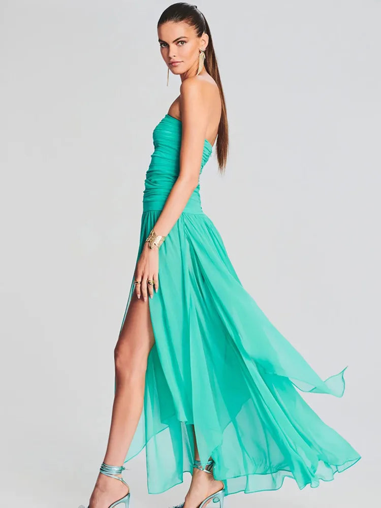 Strapless Backless Mesh Ruched Lake Blue Pleated Long Dress