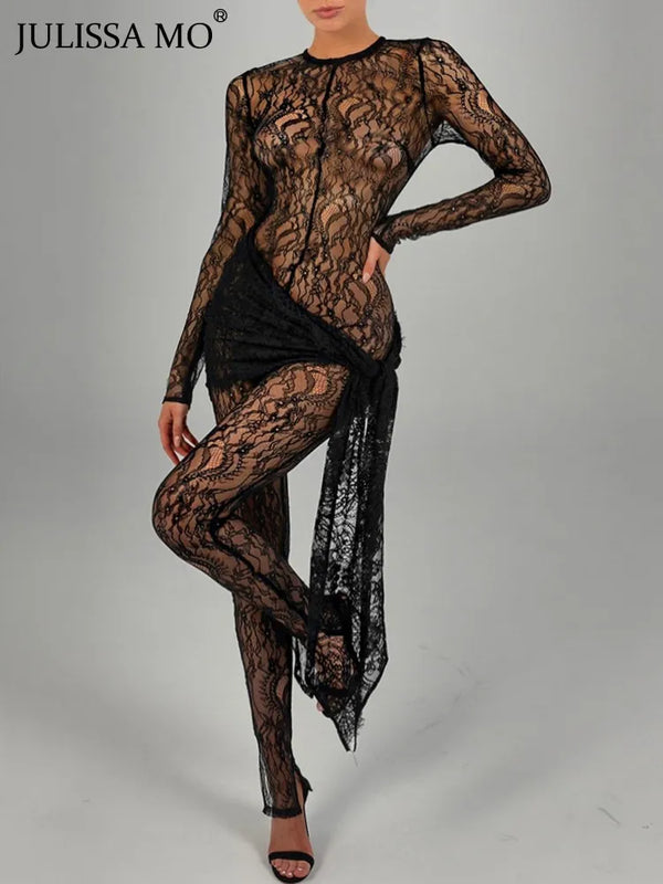 Lace See Through O-Neck Long Sleeve Jumpsuits One-piece