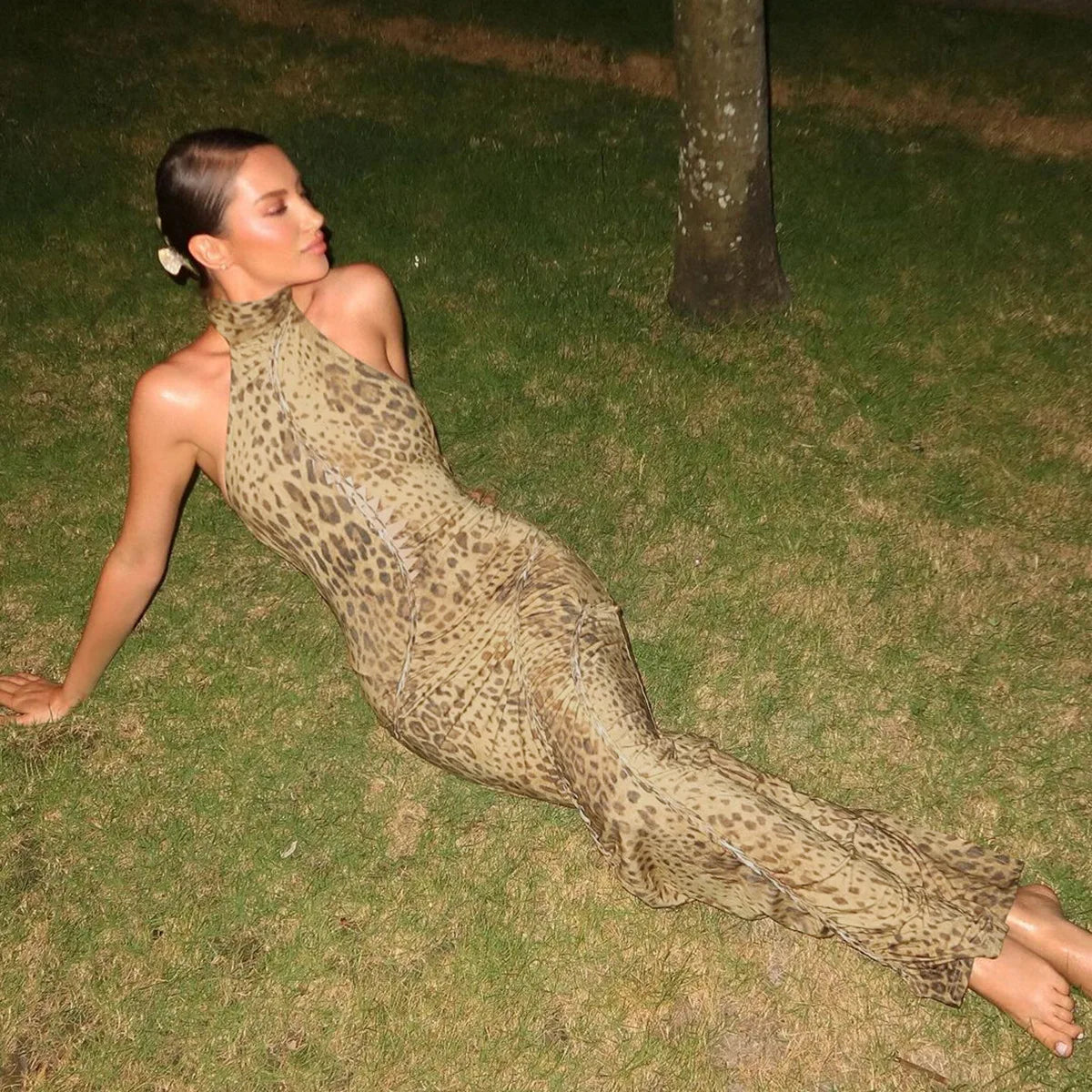 Halter Leopard Backless Maxi Dress Women Long Dresses