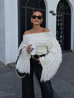 Solid Slash Neck Tassel Knit Pullover Thicken Sweater