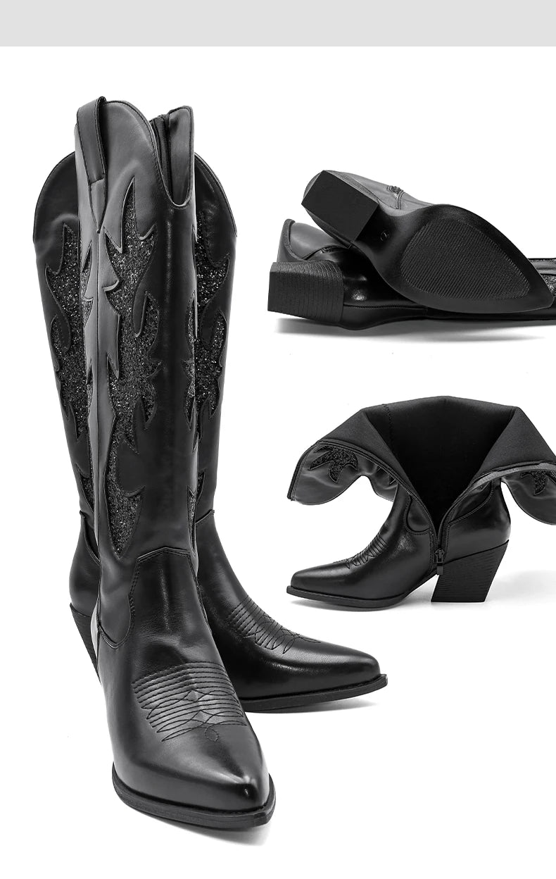 Cowgirl New Western Cowboy Boots Women Autumn Pointed Toe Thick Heel High Knee Boots
