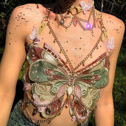 Crystal Chain Butterfly Embroidery Sleeveless Backless Adjustable Ultra Short Top