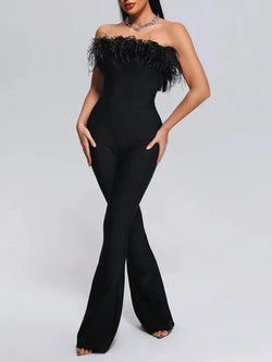 Open Back Tight Wide Leg Luxury Feather Sexy Strapless Bandage jumpsuit Women Jumpsuits