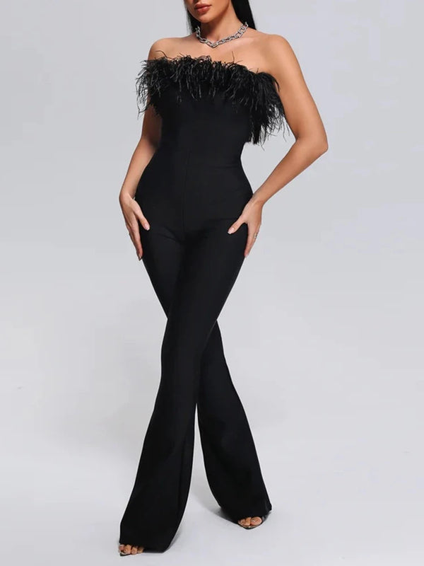 Open Back Tight Wide Leg Luxury Feather Sexy Strapless Bandage jumpsuit Women Jumpsuits