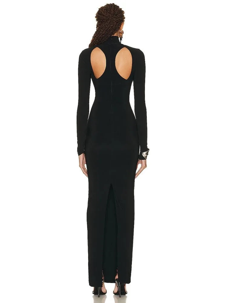 Hollow out High Neck Long Sleeve Tight Long Dress Elegant Celebrity Party Dress Vestidos