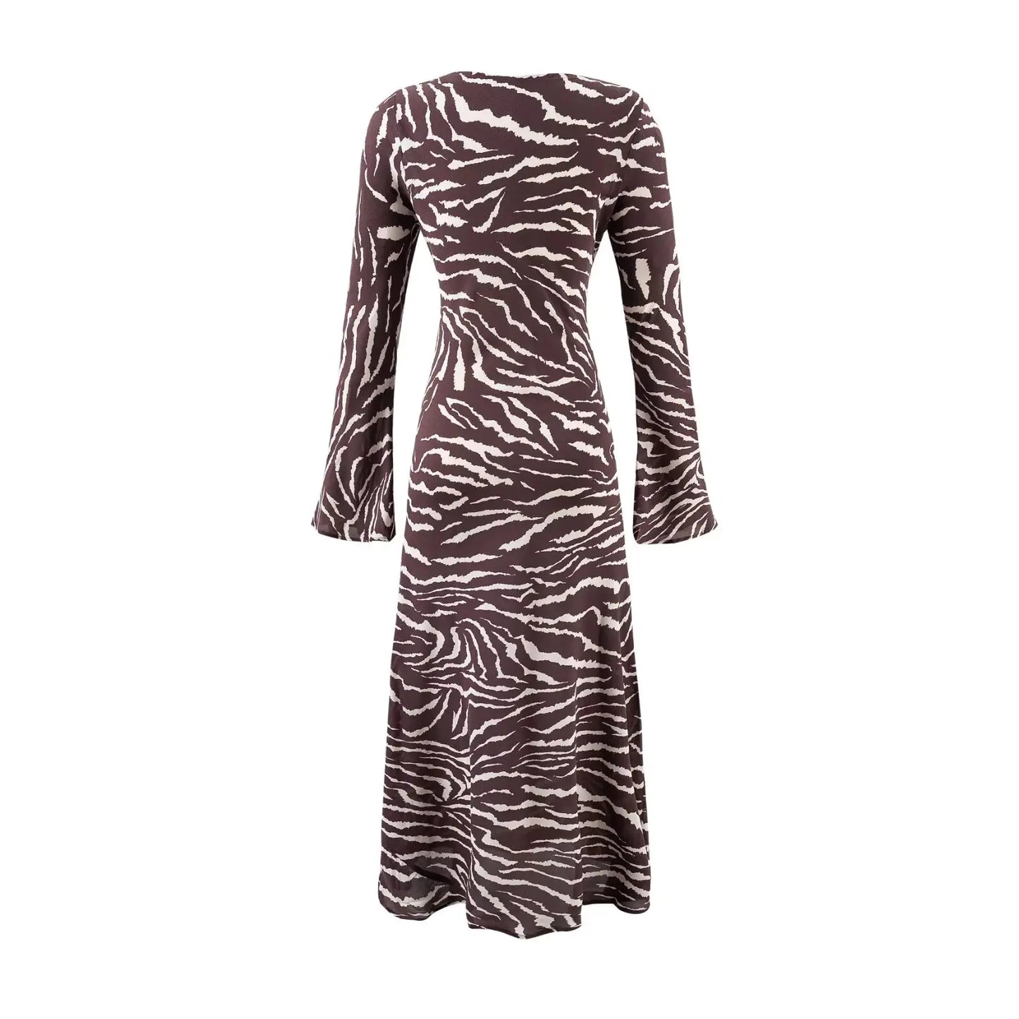 2025 Autumn Sexy Brown Zebra Stripes Print Full Flare Sleeve Long Dress Women O Neck Ankle Length Chiffon Dresses