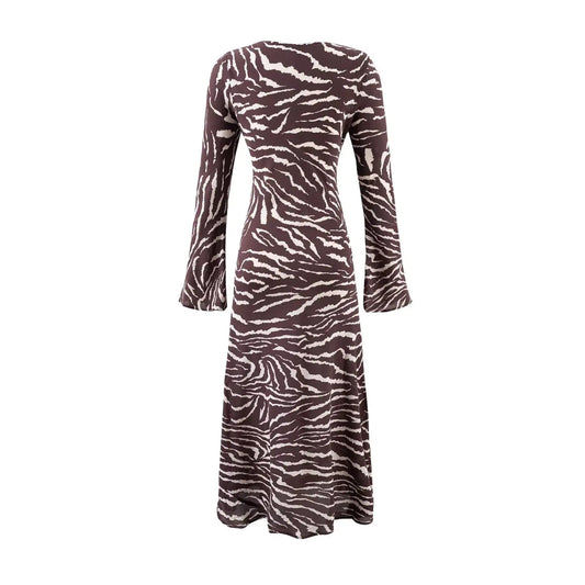 2025 Autumn Sexy Brown Zebra Stripes Print Full Flare Sleeve Long Dress Women O Neck Ankle Length Chiffon Dresses