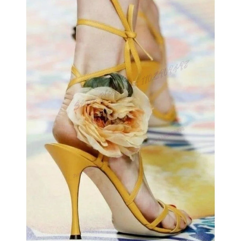 Yellow 3D Flower Decor Back Strap Sandals Open Toe Shoes