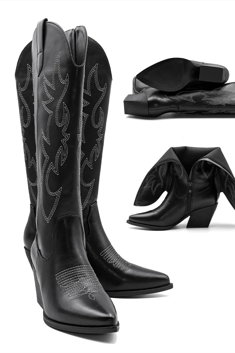 Cowgirl New Western Cowboy Boots Women Autumn Pointed Toe Thick Heel High Knee Boots