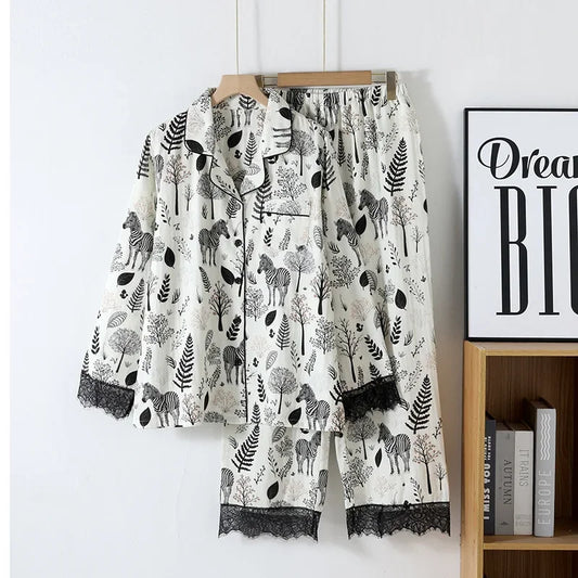 Zebra Print Pajamas for Women Turn-down Collar Lace Cuffs Long-sleeved  Trousers Loose Loungewear Cotton Double-layer Set