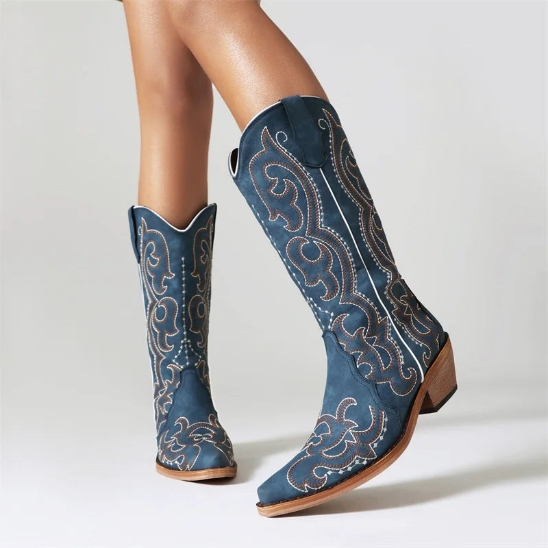 Denim Boots Blue Mid Calf Chunky Heel Embroider Cowgirl Cowboy Boots For Women Western Shoes