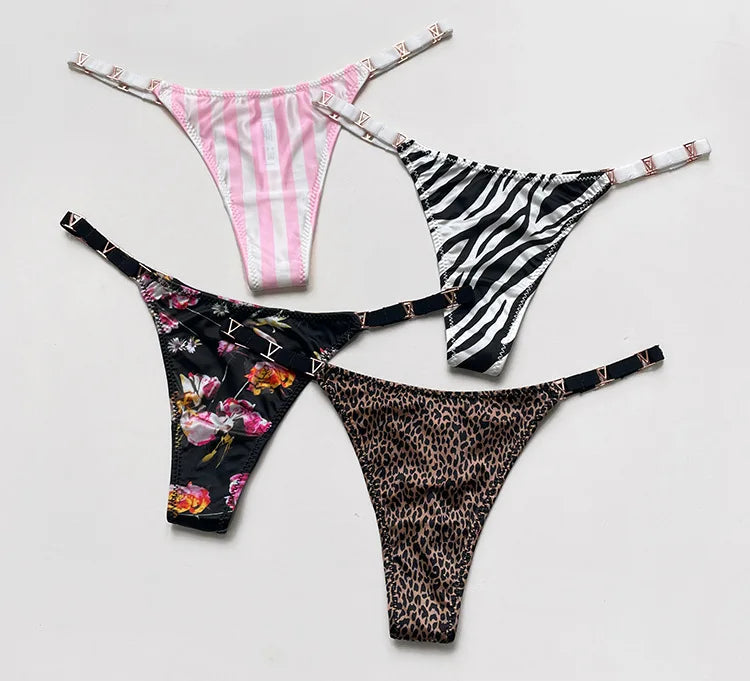Thong Women Underwear Briefs Panties Zebra Flower Low Rise Luxury Metal Buckle G-String Bikini Girls Female Panty