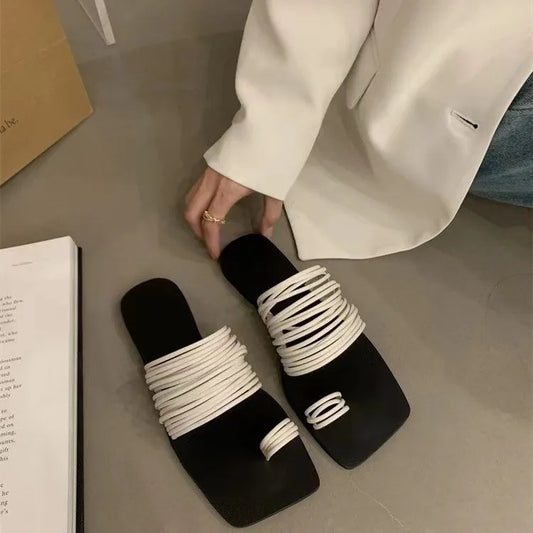 Summer Sandals Open Toe Flat Slippers Square Head Bow Beach Women Shoes Zapatos De Mujer