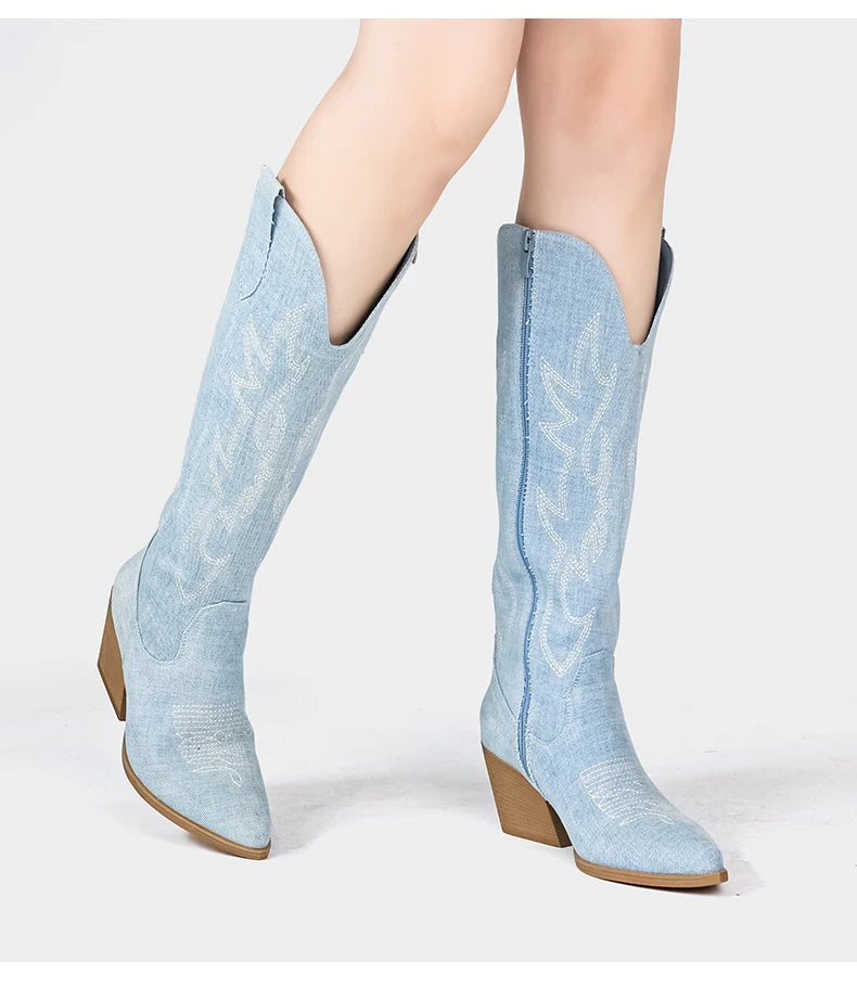Cowgirl New Western Cowboy Boots Women Autumn Pointed Toe Thick Heel High Knee Boots