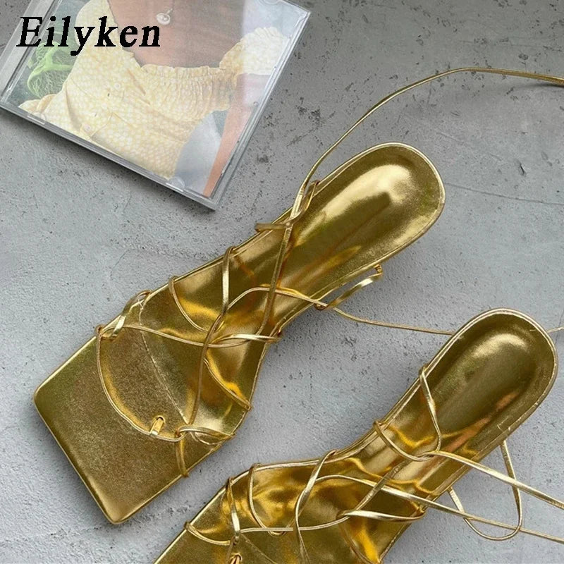 Fashion Thin Low Heel Lace Up Rome Women Sandals Summer Gladiator Casual Narrow Band Ankle Strap Shoes Big Size 35-40