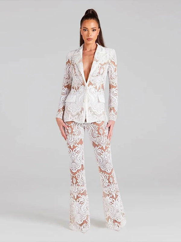 White Lace Suit Pants Set Sexy Lace Wide Leg Pants Set Slim Fit Pants Jacket 2 Piece Set