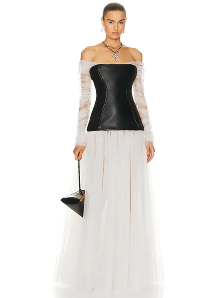 Luxury Off Shoulder Mesh Leather Patchwork Pleated Maxi Long Gowns Dress