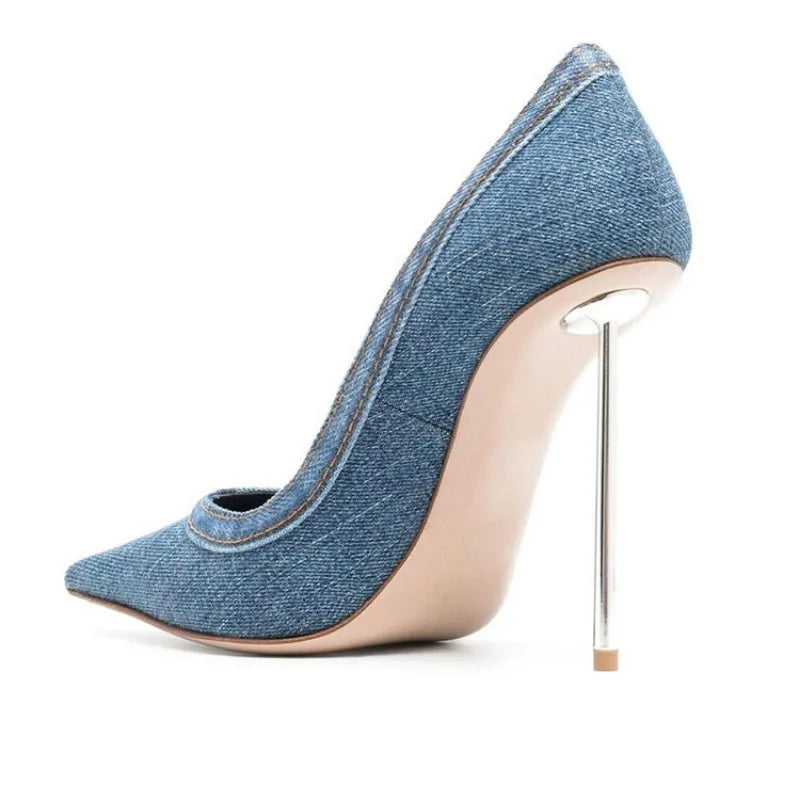 Blue Denim Thin High Heel Single Shoes European and American Pointed Back Strap Sandals