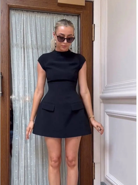 Pockets Slim Mini Dress Fashion O-neck Flying Sleeve A-line Dresses