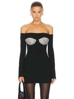 New Luxury Beaded Diamond Off Shoulder Long Sleeve Party Dress Bodycon Bandage Black Mini Dress