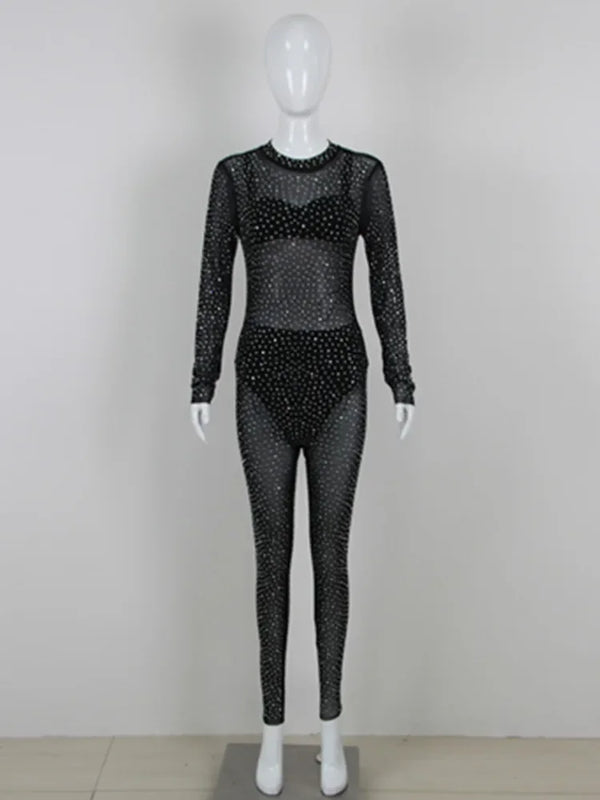 Rhinestone Mesh See Though Black Bodycon Jumpsuit Designer